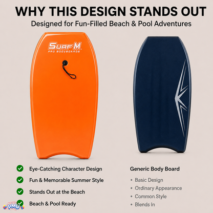 PMU 33 Inch Printed Bodyboard - Lightweight Wrist Leash Slick Bottom Boogie Board for Beach, Sea & Pool - Surfing Board for Kids, Teens & Adults Wave Conditions Pkg/1