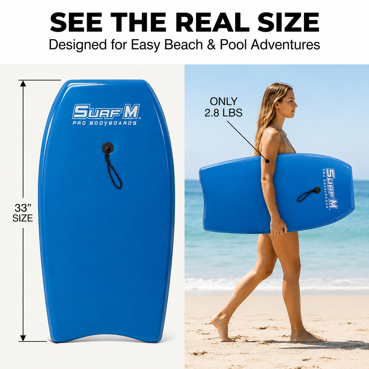 PMU 33 Inch Printed Bodyboard - Lightweight Wrist Leash Slick Bottom Boogie Board for Beach, Sea & Pool - Surfing Board for Kids, Teens & Adults Wave Conditions Pkg/1