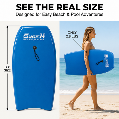 PMU 33 Inch Printed Bodyboard - Lightweight Wrist Leash Slick Bottom Boogie Board for Beach, Sea & Pool - Surfing Board for Kids, Teens & Adults Wave Conditions Pkg/1