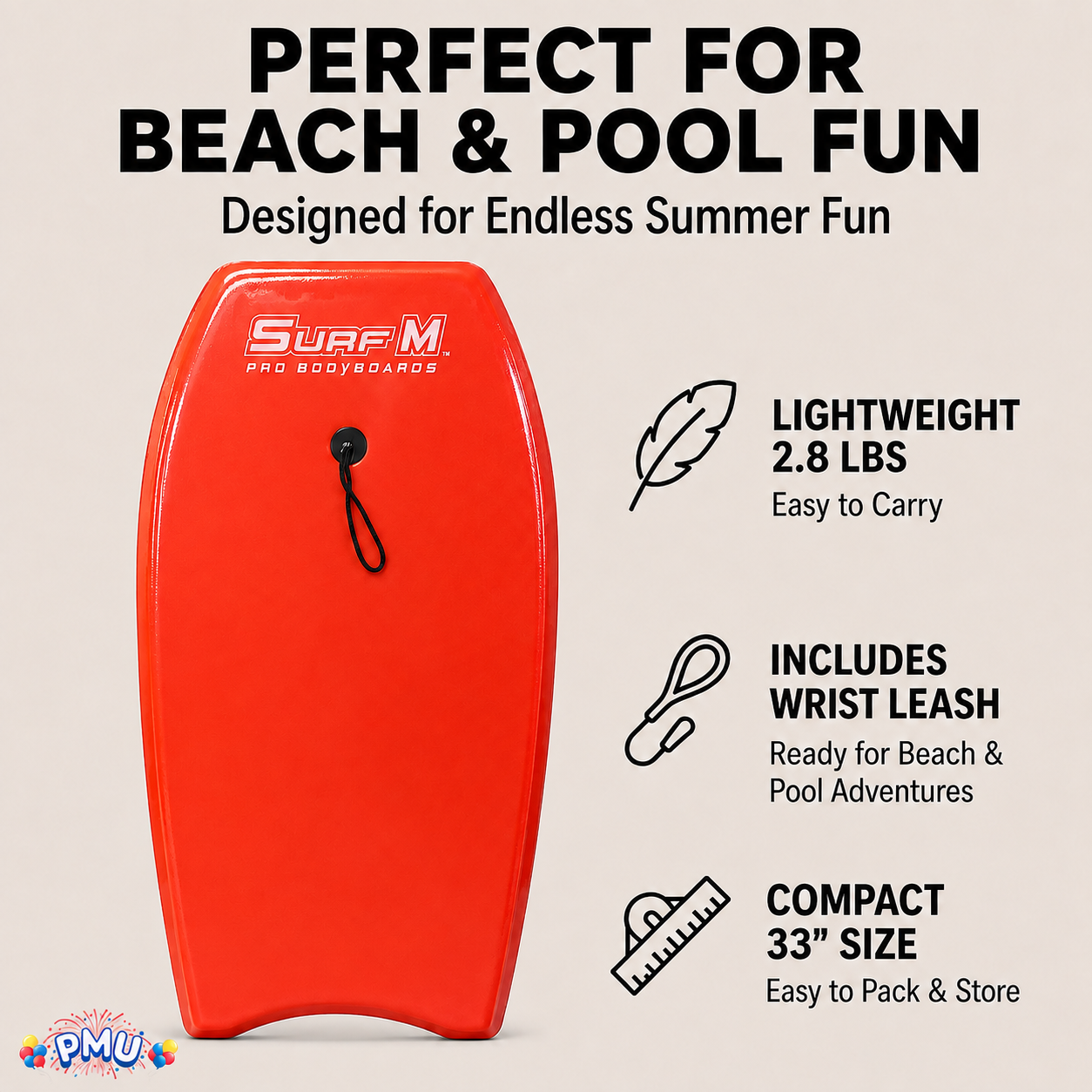 PMU 33 Inch Printed Bodyboard - Lightweight Wrist Leash Slick Bottom Boogie Board for Beach, Sea & Pool - Surfing Board for Kids, Teens & Adults Wave Conditions Pkg/1