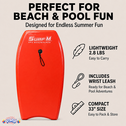 PMU 33 Inch Printed Bodyboard - Lightweight Wrist Leash Slick Bottom Boogie Board for Beach, Sea & Pool - Surfing Board for Kids, Teens & Adults Wave Conditions Pkg/1