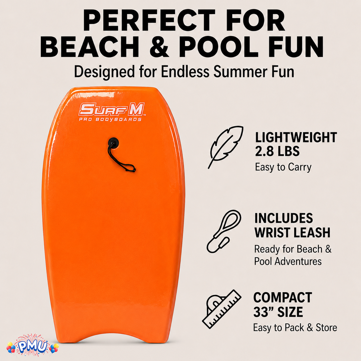 PMU 33 Inch Printed Bodyboard - Lightweight Wrist Leash Slick Bottom Boogie Board for Beach, Sea & Pool - Surfing Board for Kids, Teens & Adults Wave Conditions Pkg/1