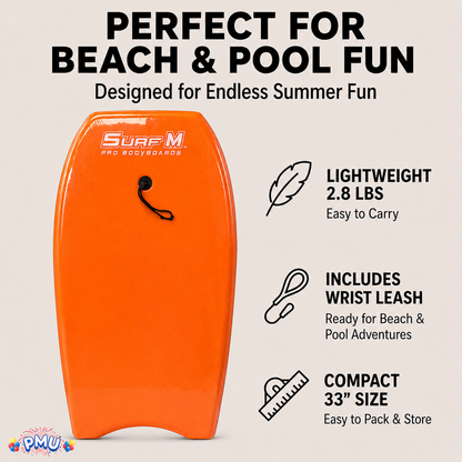 PMU 33 Inch Printed Bodyboard - Lightweight Wrist Leash Slick Bottom Boogie Board for Beach, Sea & Pool - Surfing Board for Kids, Teens & Adults Wave Conditions Pkg/1