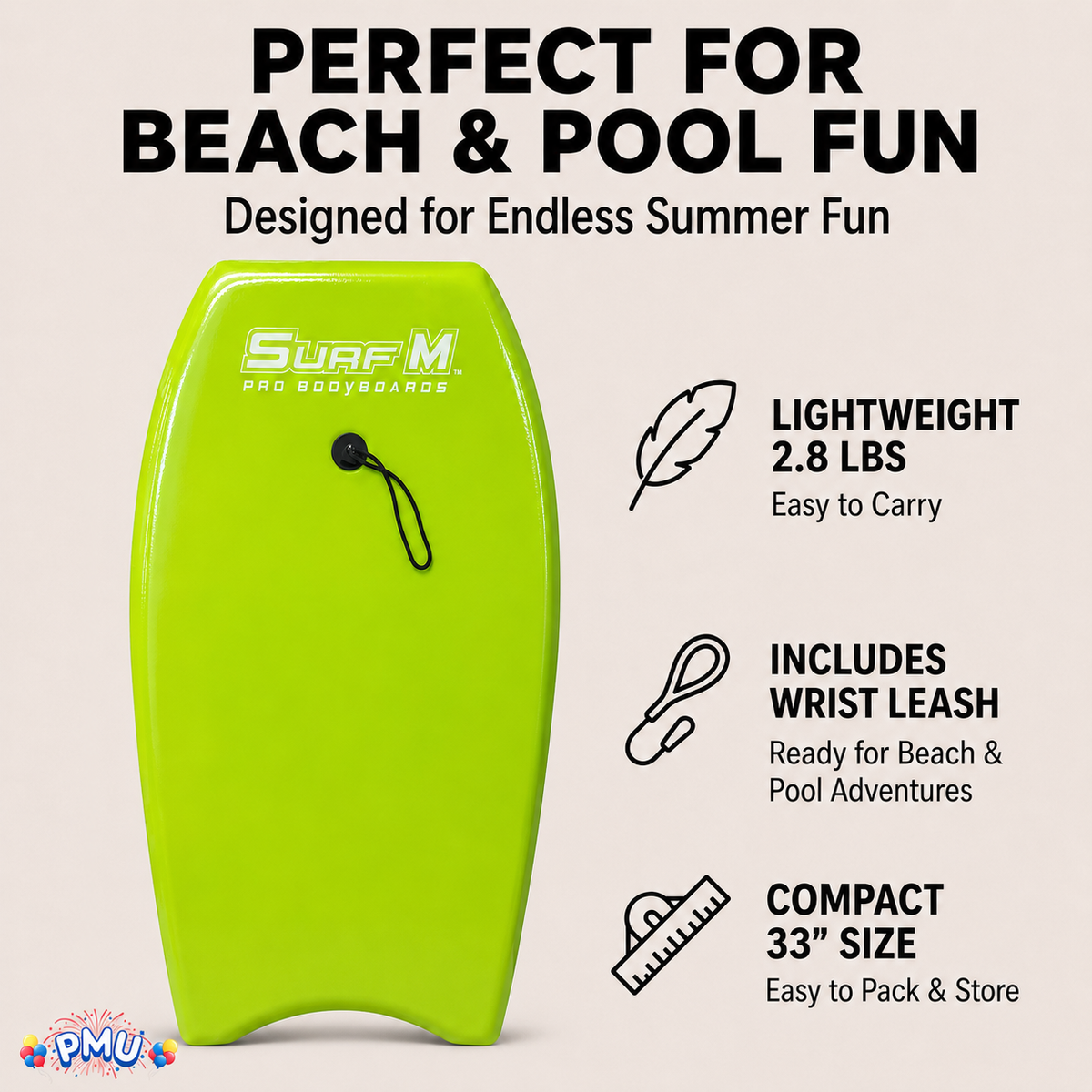PMU 33 Inch Printed Bodyboard - Lightweight Wrist Leash Slick Bottom Boogie Board for Beach, Sea & Pool - Surfing Board for Kids, Teens & Adults Wave Conditions Pkg/1