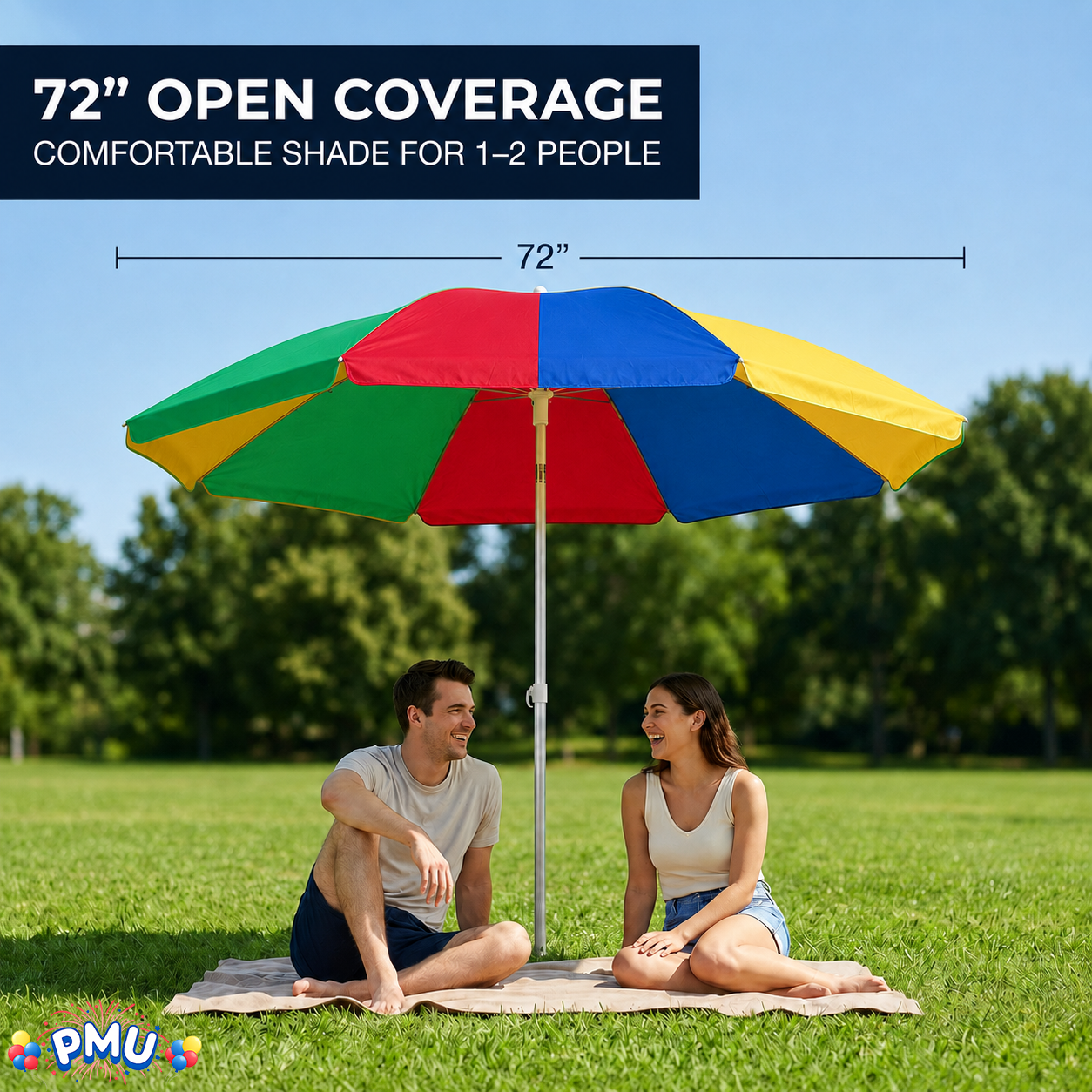 Beach Umbrella 6ft Opens to 72in Multicolor Beach Parasol with Carrying Sleeve
