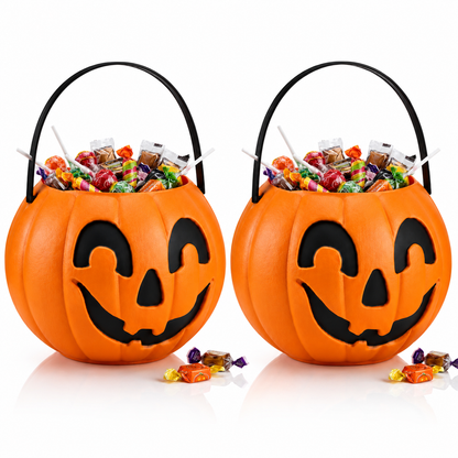 PMU Halloween Trick or Treat Jack-O-Lantern Carry Jack - Halloween Pumpkin Decorations - Candy Gift Basket for Kids - Pumpkin Bucket with Handles - 9 Inch w/Handle - Orange