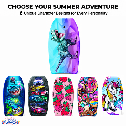 PMU 33 Inch Printed Bodyboard - Lightweight Wrist Leash Slick Bottom Boogie Board for Beach, Sea & Pool - Surfing Board for Kids, Teens & Adults Wave Conditions Pkg/1