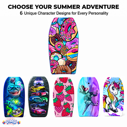 PMU 33 Inch Printed Bodyboard - Lightweight Wrist Leash Slick Bottom Boogie Board for Beach, Sea & Pool - Surfing Board for Kids, Teens & Adults Wave Conditions Pkg/1