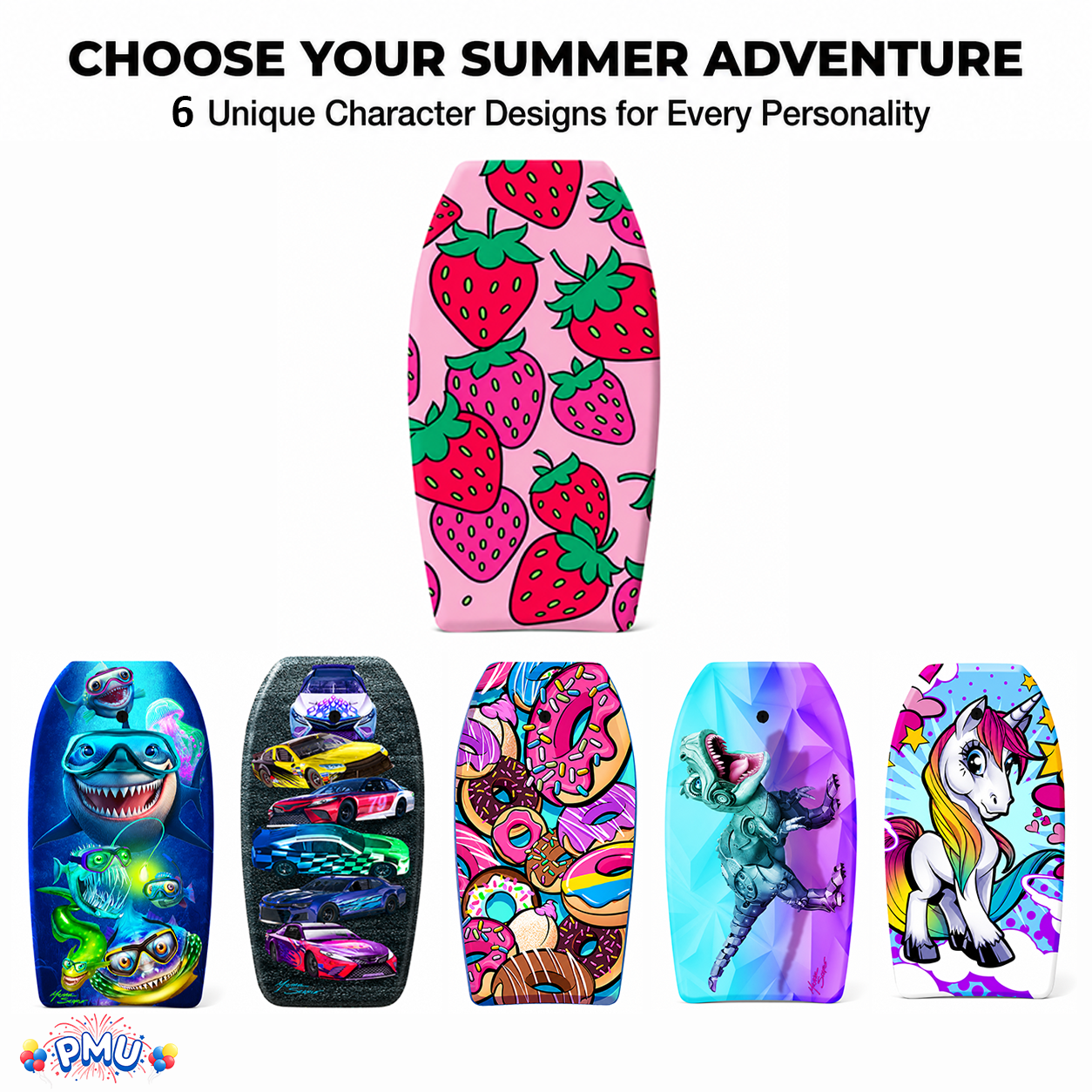 PMU 33 Inch Printed Bodyboard - Lightweight Wrist Leash Slick Bottom Boogie Board for Beach, Sea & Pool - Surfing Board for Kids, Teens & Adults Wave Conditions Pkg/1