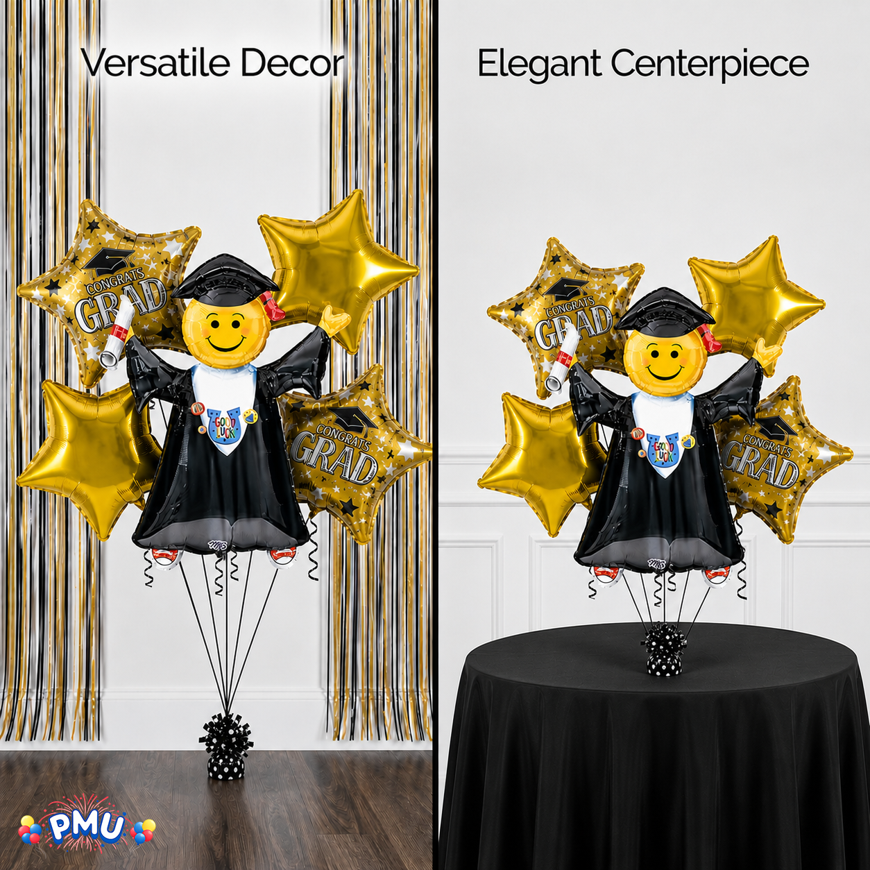 PMU Graduation Girl Jumping Smiley Grad Balloon Bouquet | Jumping Grad Mylar Balloons | Jump for Joy Graduation Smiley Grad Balloon | Grad Foil Balloons