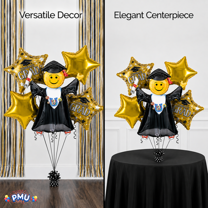 PMU Graduation Girl Jumping Smiley Grad Balloon Bouquet | Jumping Grad Mylar Balloons | Jump for Joy Graduation Smiley Grad Balloon | Grad Foil Balloons