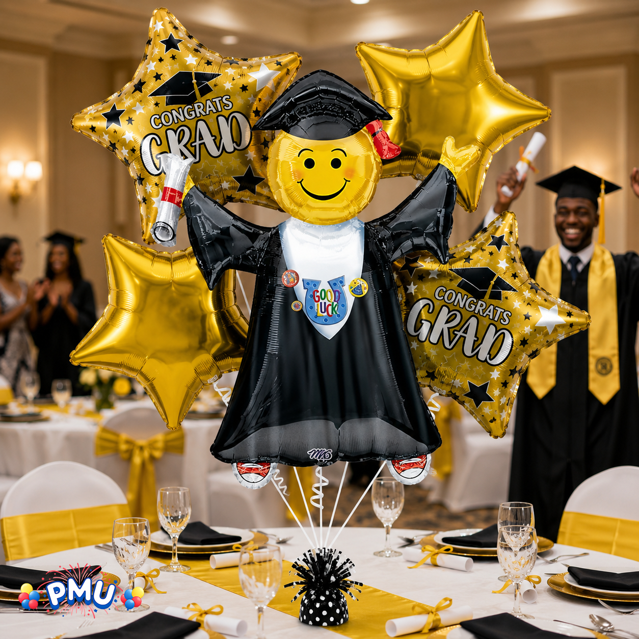 PMU Graduation Girl Jumping Smiley Grad Balloon Bouquet | Jumping Grad Mylar Balloons | Jump for Joy Graduation Smiley Grad Balloon | Grad Foil Balloons