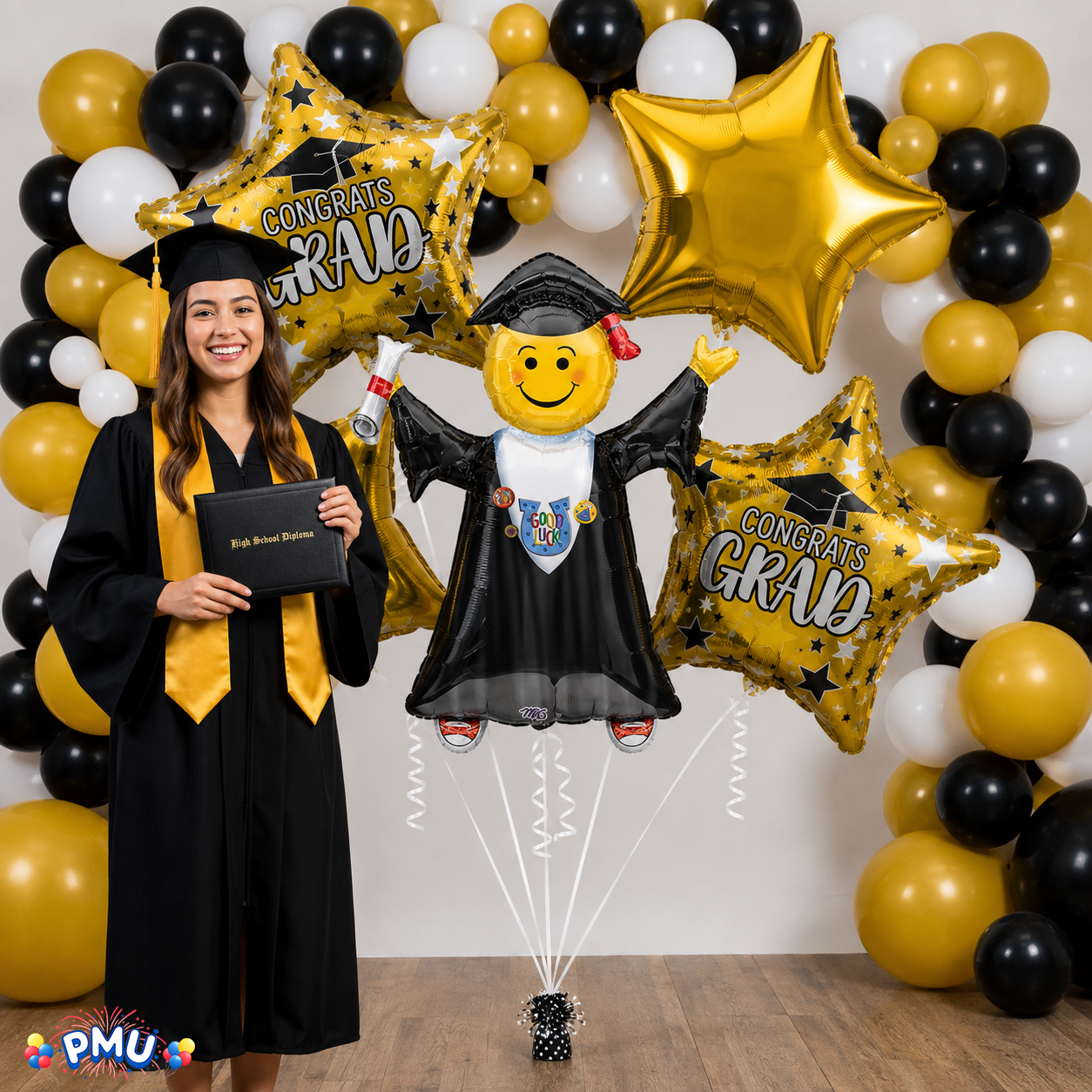 PMU Graduation Girl Jumping Smiley Grad Balloon Bouquet | Jumping Grad Mylar Balloons | Jump for Joy Graduation Smiley Grad Balloon | Grad Foil Balloons
