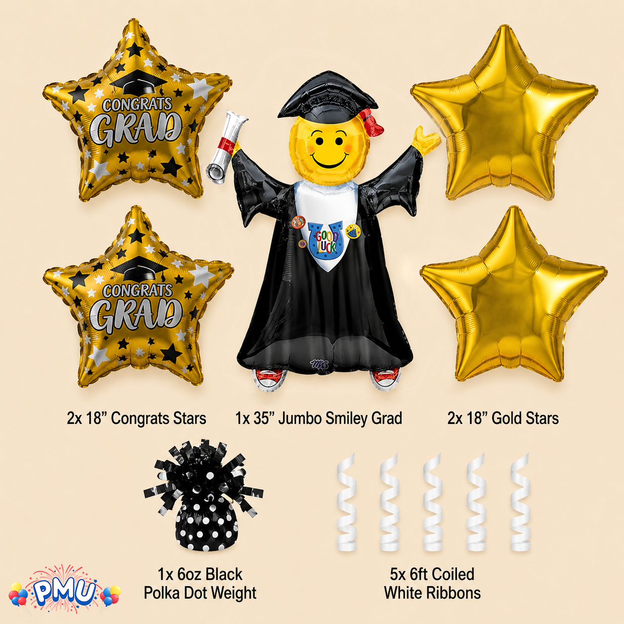 PMU Graduation Girl Jumping Smiley Grad Balloon Bouquet | Jumping Grad Mylar Balloons | Jump for Joy Graduation Smiley Grad Balloon | Grad Foil Balloons