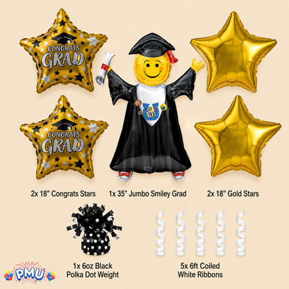 PMU Graduation Girl Jumping Smiley Grad Balloon Bouquet | Jumping Grad Mylar Balloons | Jump for Joy Graduation Smiley Grad Balloon | Grad Foil Balloons