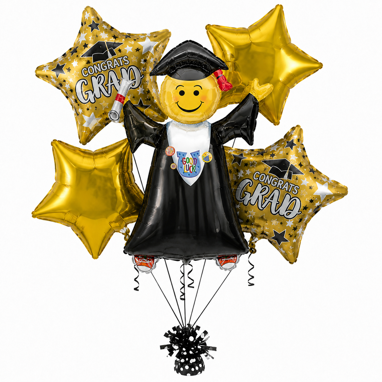 PMU Graduation Girl Jumping Smiley Grad Balloon Bouquet | Jumping Grad Mylar Balloons | Jump for Joy Graduation Smiley Grad Balloon | Grad Foil Balloons
