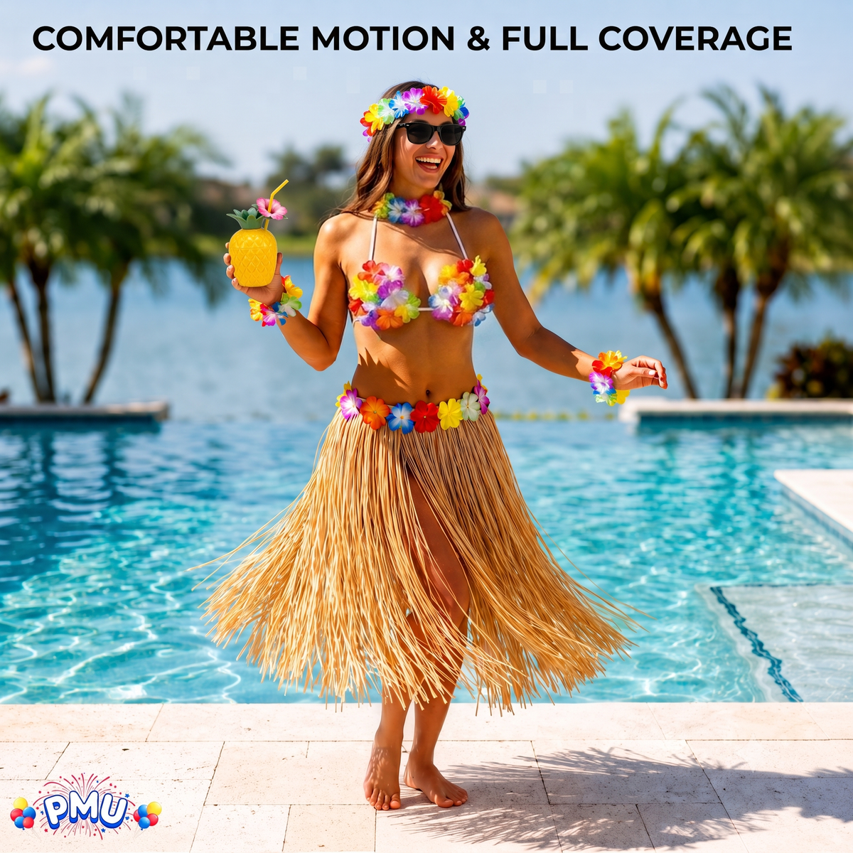 PMU 8 Pcs Hawaiian Luau Costume Set – Coconut Bikini Top, Grass Skirt, Lei &amp; Tropical Party Accessories for Luau, Beach &amp; Hula Parties