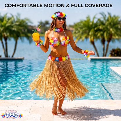 PMU 8 Pcs Hawaiian Luau Costume Set – Coconut Bikini Top, Grass Skirt, Lei &amp; Tropical Party Accessories for Luau, Beach &amp; Hula Parties