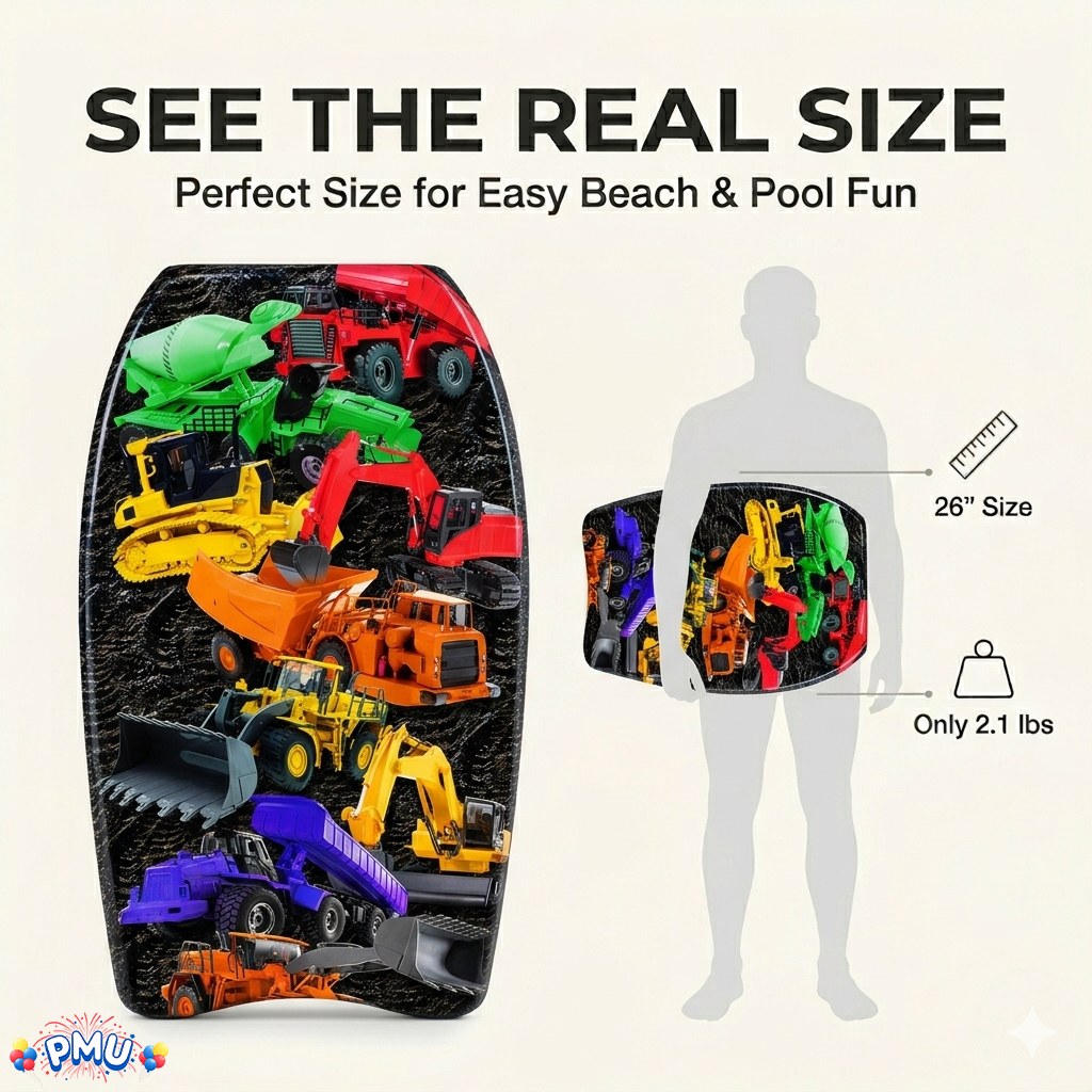 PMU 26 Inch Graphics Printed Bodyboard - Lightweight Wrist Leash Slick Bottom Boogie Board for Beach, Sea & Pool - Surfing Board for Kids, Teens & Adults Wave Conditions  Pkg/1