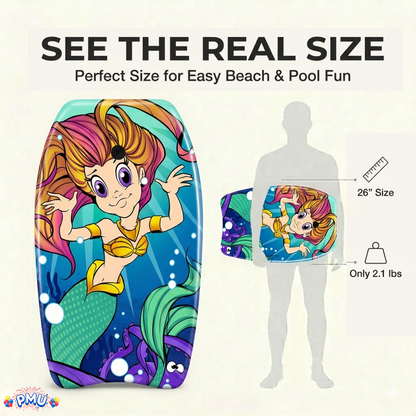 PMU 26 Inch Graphics Printed Bodyboard - Lightweight Wrist Leash Slick Bottom Boogie Board for Beach, Sea & Pool - Surfing Board for Kids, Teens & Adults Wave Conditions  Pkg/1