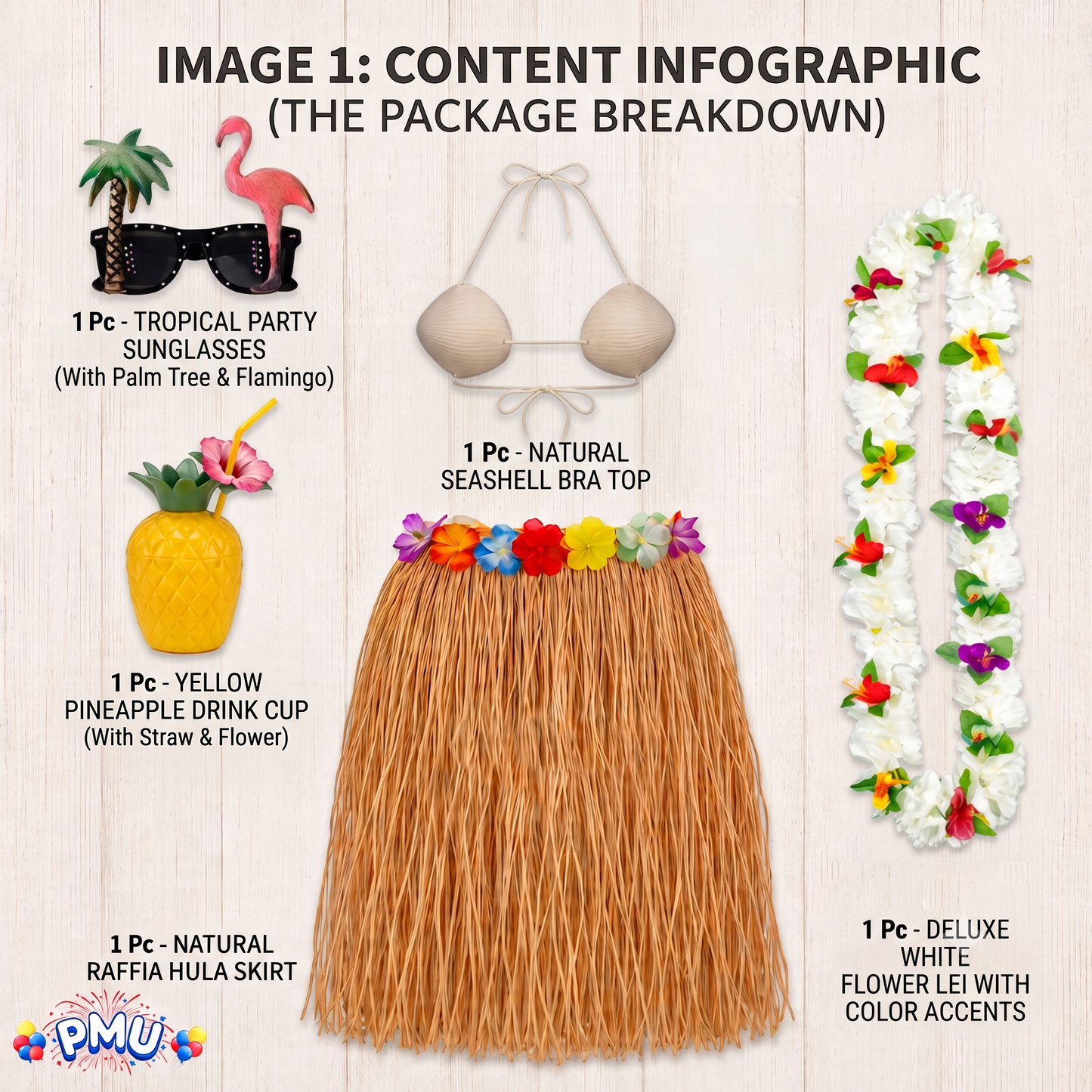 PMU 8 Pcs Hawaiian Luau Costume Set – Coconut Bikini Top, Grass Skirt, Lei &amp; Tropical Party Accessories for Luau, Beach &amp; Hula Parties