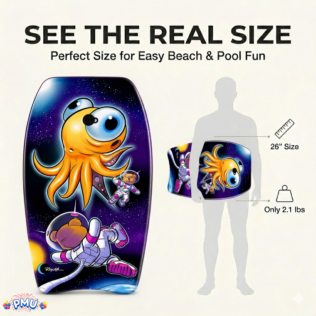 PMU 26 Inch Graphics Printed Bodyboard - Lightweight Wrist Leash Slick Bottom Boogie Board for Beach, Sea & Pool - Surfing Board for Kids, Teens & Adults Wave Conditions  Pkg/1