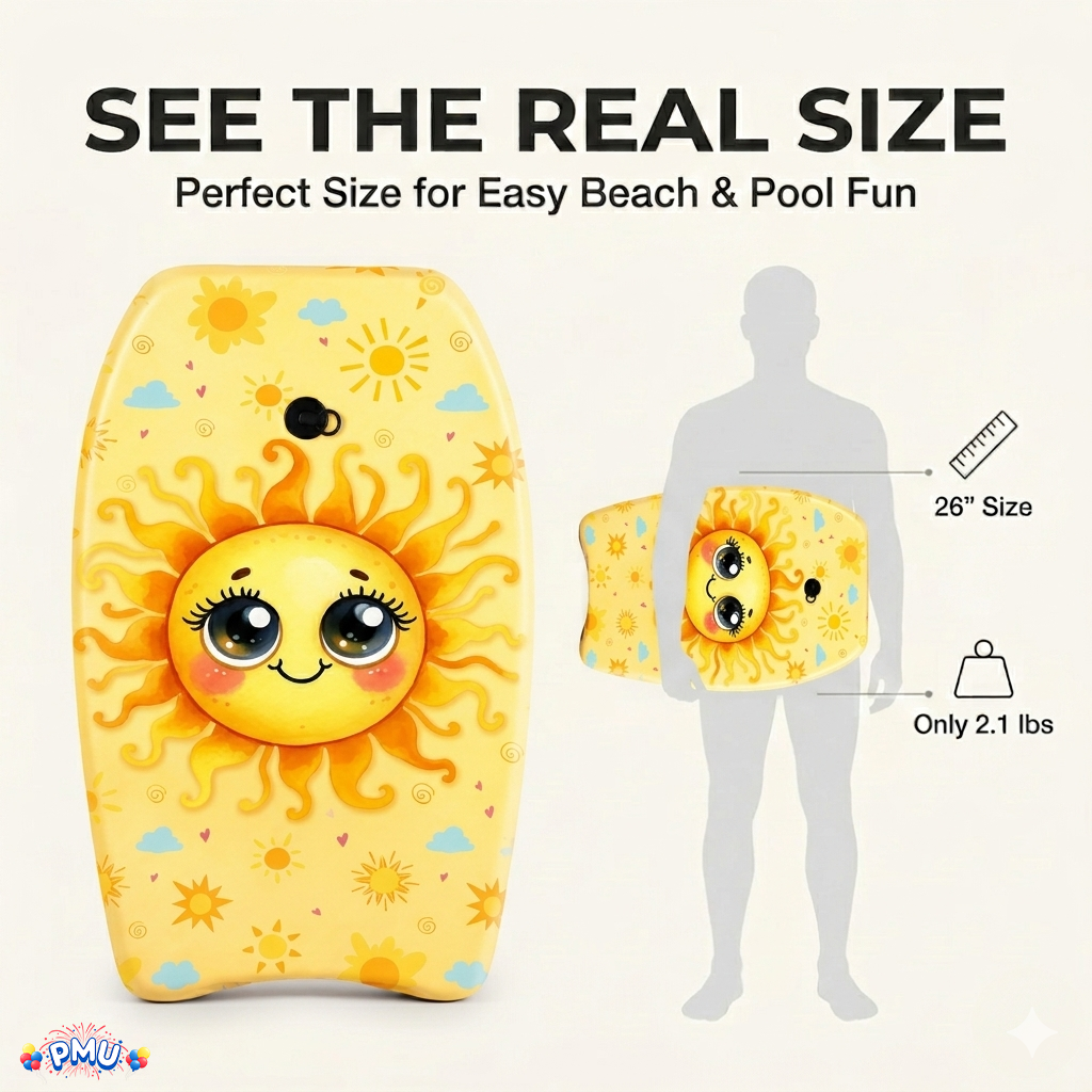 PMU 26 Inch Graphics Printed Bodyboard - Lightweight Wrist Leash Slick Bottom Boogie Board for Beach, Sea & Pool - Surfing Board for Kids, Teens & Adults Wave Conditions  Pkg/1