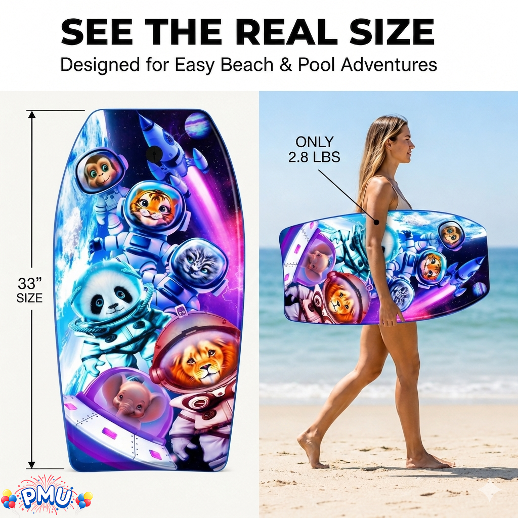 PMU 33 Inch Printed Bodyboard - Lightweight Wrist Leash Slick Bottom Boogie Board for Beach, Sea & Pool - Surfing Board for Kids, Teens & Adults Wave Conditions Pkg/1