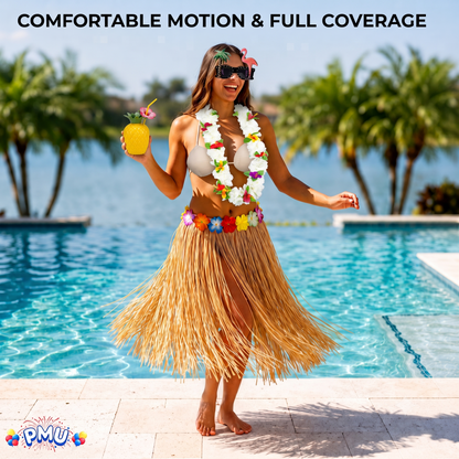PMU 8 Pcs Hawaiian Luau Costume Set – Coconut Bikini Top, Grass Skirt, Lei &amp; Tropical Party Accessories for Luau, Beach &amp; Hula Parties