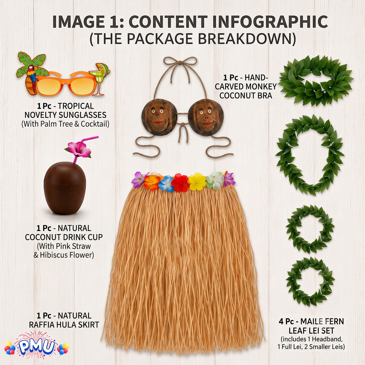 PMU 8 Pcs Hawaiian Luau Costume Set – Coconut Bikini Top, Grass Skirt, Lei &amp; Tropical Party Accessories for Luau, Beach &amp; Hula Parties