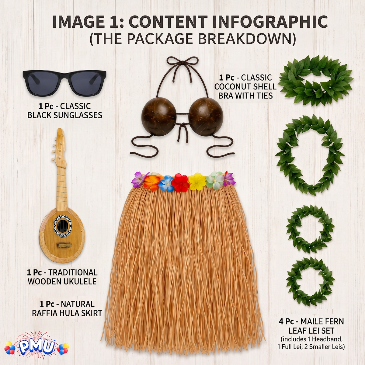 PMU 8 Pcs Hawaiian Luau Costume Set – Coconut Bikini Top, Grass Skirt, Lei &amp; Tropical Party Accessories for Luau, Beach &amp; Hula Parties