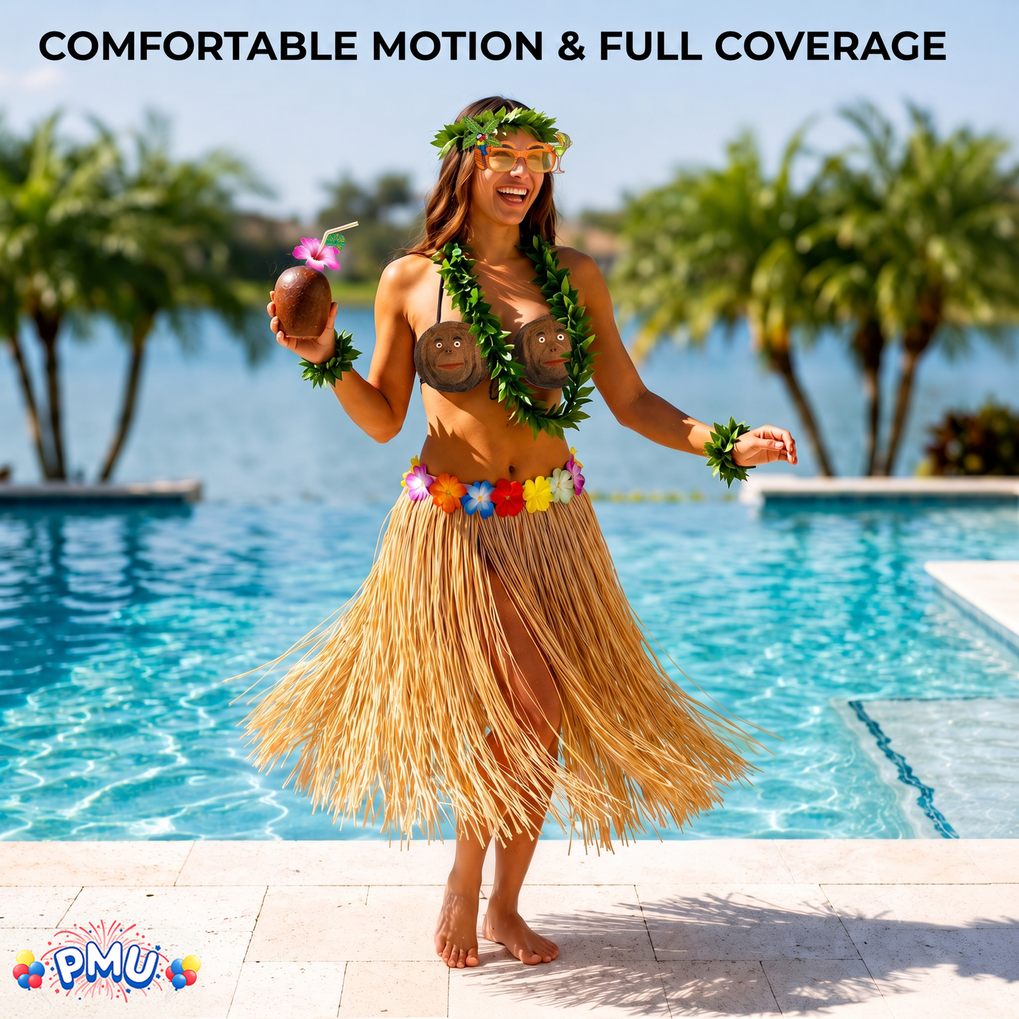 PMU 8 Pcs Hawaiian Luau Costume Set – Coconut Bikini Top, Grass Skirt, Lei &amp; Tropical Party Accessories for Luau, Beach &amp; Hula Parties