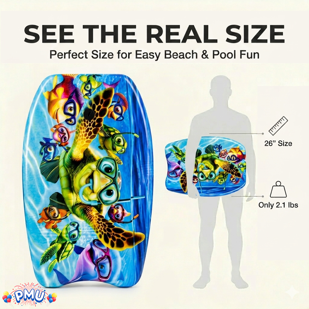 PMU 26 Inch Graphics Printed Bodyboard - Lightweight Wrist Leash Slick Bottom Boogie Board for Beach, Sea & Pool - Surfing Board for Kids, Teens & Adults Wave Conditions  Pkg/1