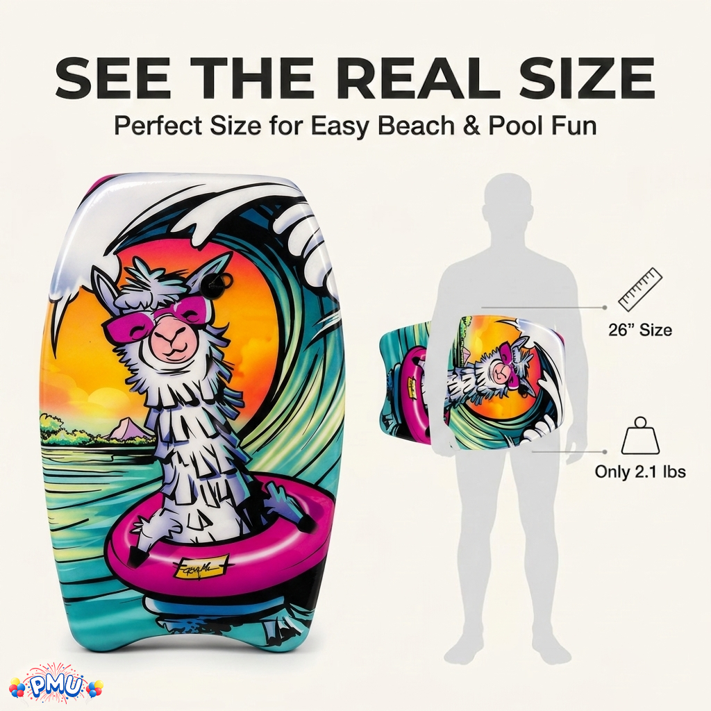 PMU 26 Inch Graphics Printed Bodyboard - Lightweight Wrist Leash Slick Bottom Boogie Board for Beach, Sea & Pool - Surfing Board for Kids, Teens & Adults Wave Conditions  Pkg/1