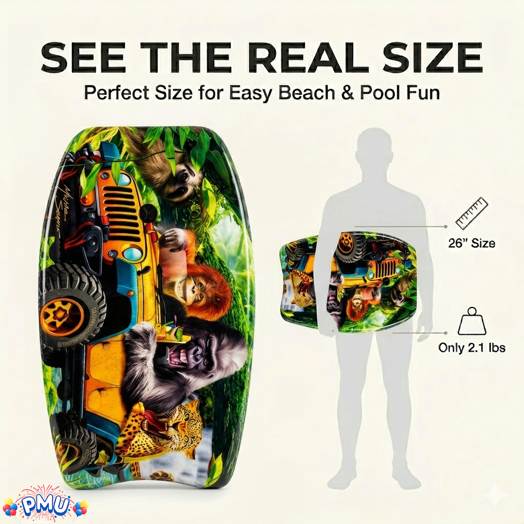 PMU 26 Inch Graphics Printed Bodyboard - Lightweight Wrist Leash Slick Bottom Boogie Board for Beach, Sea & Pool - Surfing Board for Kids, Teens & Adults Wave Conditions  Pkg/1