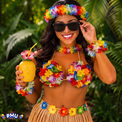 PMU 8 Pcs Hawaiian Luau Costume Set – Coconut Bikini Top, Grass Skirt, Lei &amp; Tropical Party Accessories for Luau, Beach &amp; Hula Parties