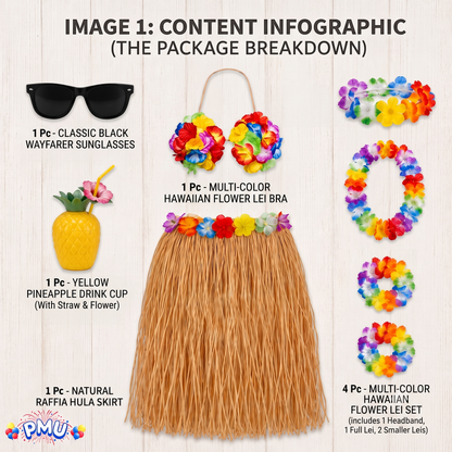 PMU 8 Pcs Hawaiian Luau Costume Set – Coconut Bikini Top, Grass Skirt, Lei &amp; Tropical Party Accessories for Luau, Beach &amp; Hula Parties