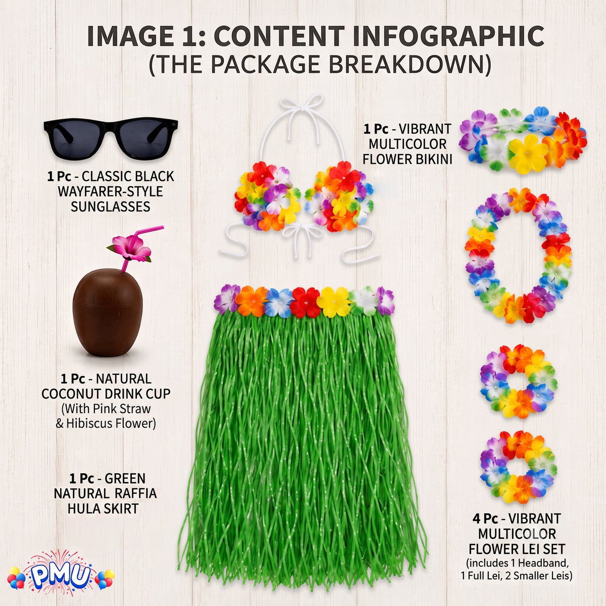 PMU 8 Pcs Hawaiian Luau Costume Set – Coconut Bikini Top, Grass Skirt, Lei &amp; Tropical Party Accessories for Luau, Beach &amp; Hula Parties