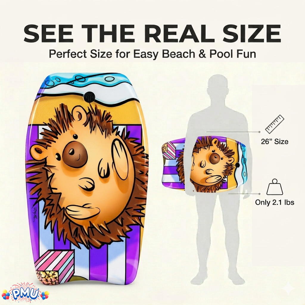 PMU 26 Inch Graphics Printed Bodyboard - Lightweight Wrist Leash Slick Bottom Boogie Board for Beach, Sea & Pool - Surfing Board for Kids, Teens & Adults Wave Conditions  Pkg/1