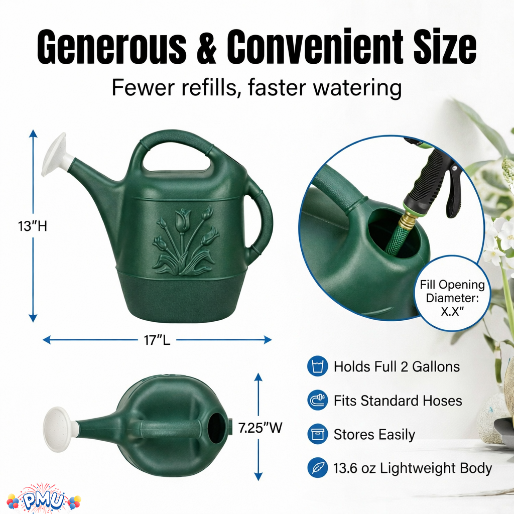 PMU 2 Gallon Watering Can - Garden Watering Can for Indoor & Outdoor Plants - Plastic Water Can with Detachable Sprinkler Head - Large Water Pot, Made in USA