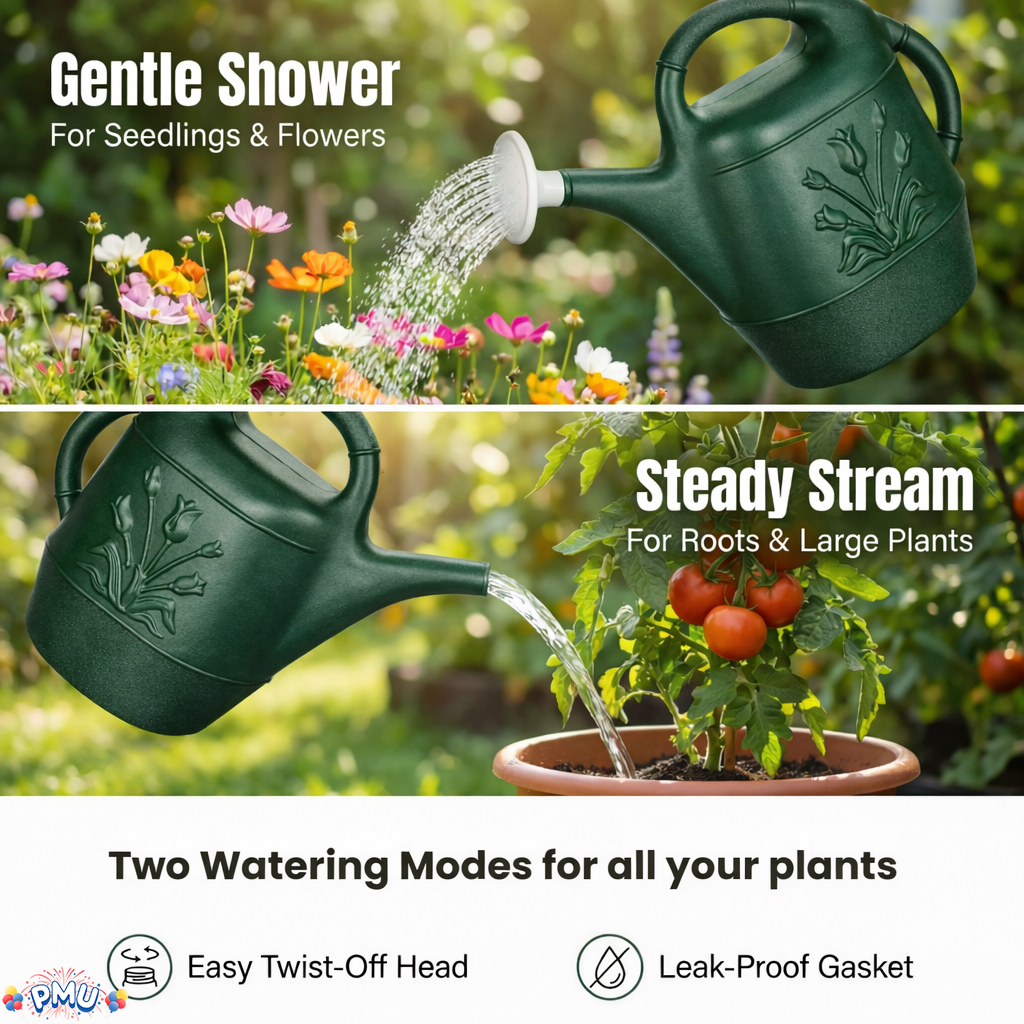 PMU 2 Gallon Watering Can - Garden Watering Can for Indoor & Outdoor Plants - Plastic Water Can with Detachable Sprinkler Head - Large Water Pot, Made in USA