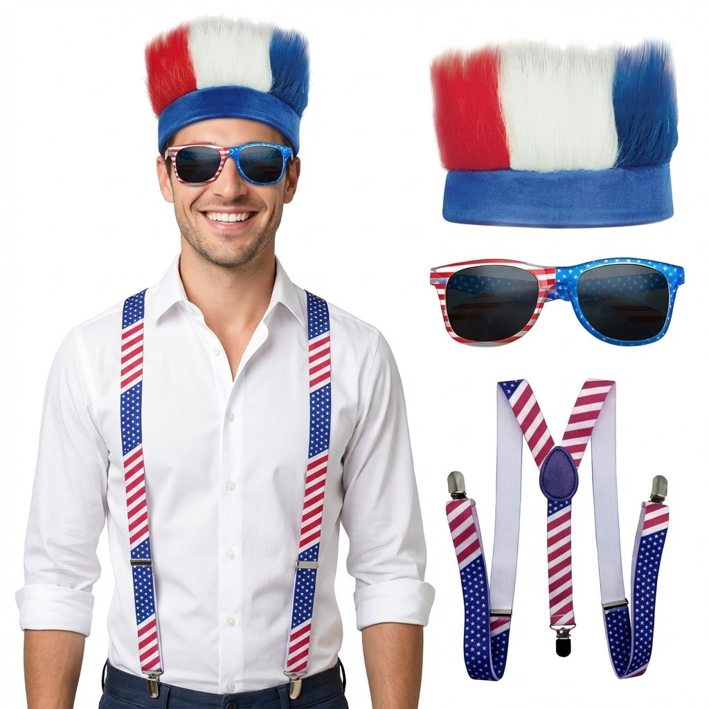 PMU Patriotic Accessories Set for 4th of July, Wig,Headband,Sunglasses,Suspender