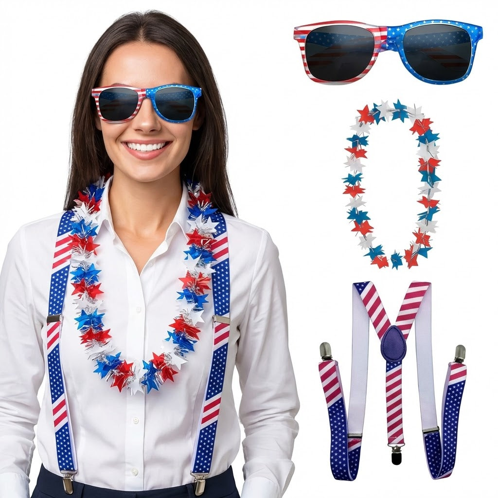 PMU Patriotic Accessories Set for 4th of July, Wig,Headband,Sunglasses,Suspender