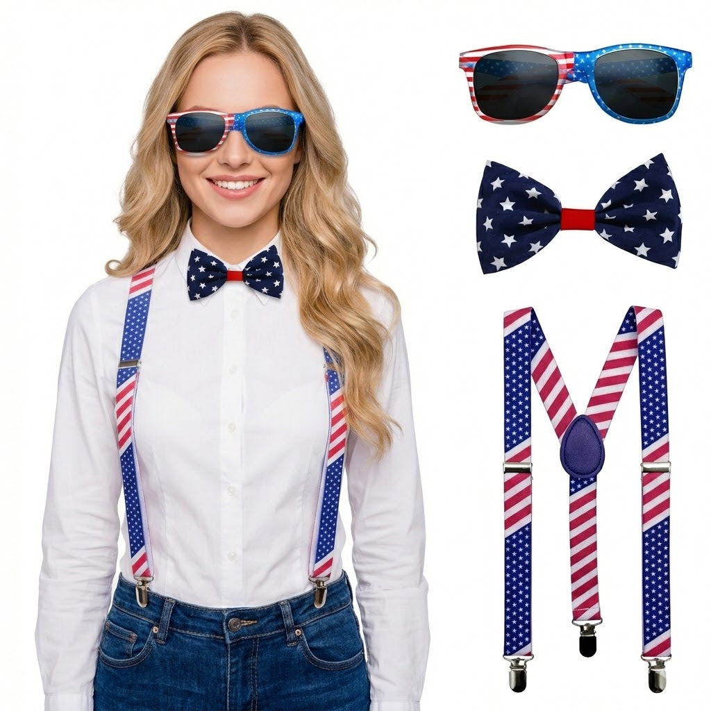 PMU Patriotic Accessories Set for 4th of July, Wig,Headband,Sunglasses,Suspender