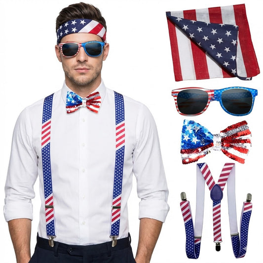 PMU Patriotic Accessories Set for 4th of July, Wig,Headband,Sunglasses,Suspender