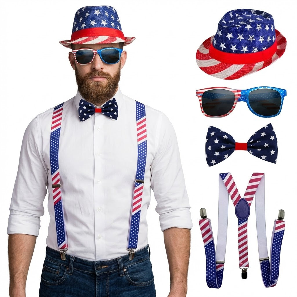 PMU Patriotic Accessories Set for 4th of July, Wig,Headband,Sunglasses,Suspender