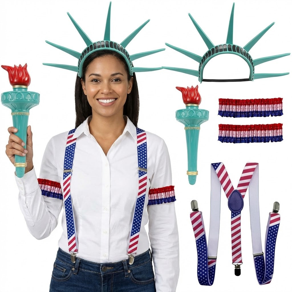 PMU Patriotic Accessories Set for 4th of July, Wig,Headband,Sunglasses,Suspender