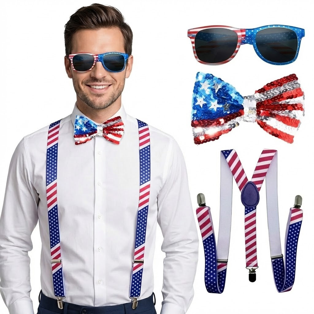 PMU Patriotic Accessories Set for 4th of July, Wig,Headband,Sunglasses,Suspender
