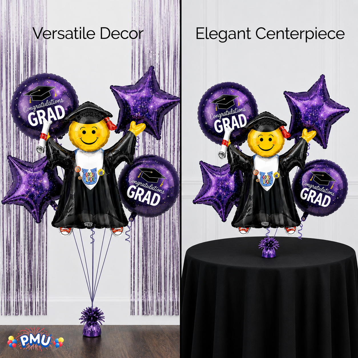 PMU Graduation Girl Jumping Smiley Grad Balloon Bouquet | Jumping Grad Mylar Balloons | Jump for Joy Graduation Smiley Grad Balloon | Grad Foil Balloons