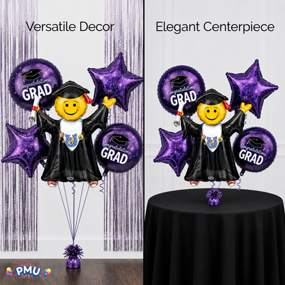 PMU Graduation Girl Jumping Smiley Grad Balloon Bouquet | Jumping Grad Mylar Balloons | Jump for Joy Graduation Smiley Grad Balloon | Grad Foil Balloons